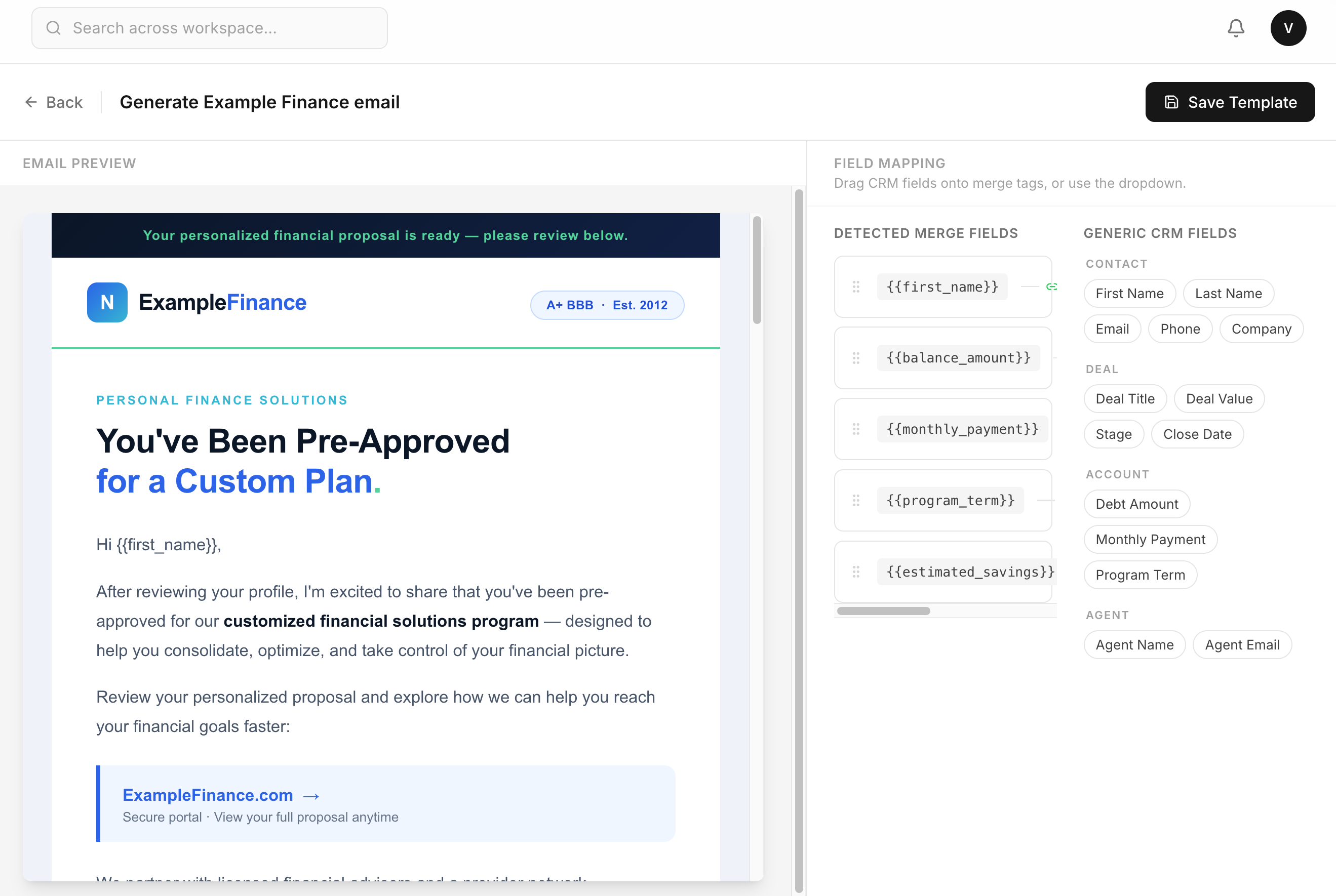 Branded HTML templates with CRM merge fields
